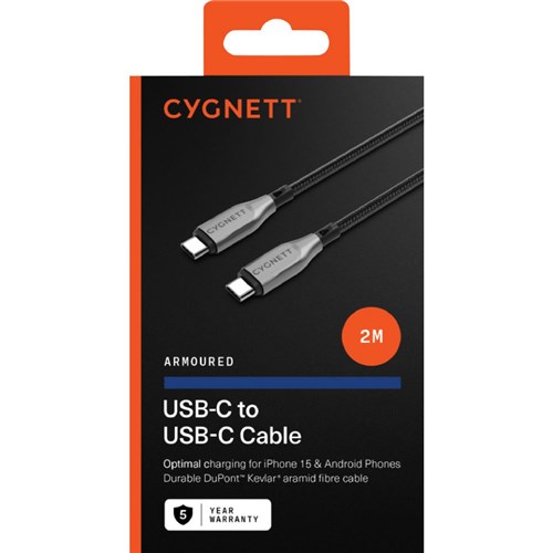 CYGNETT USB-C to USB-C Armoured 2 Metre Cable Black